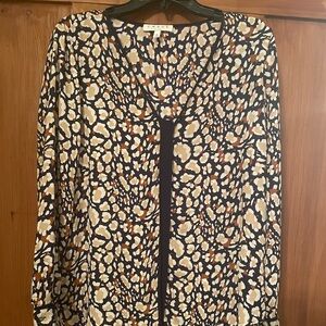 Women’s Chaus Navy Blue Tan Brown Floral LS Blouse M